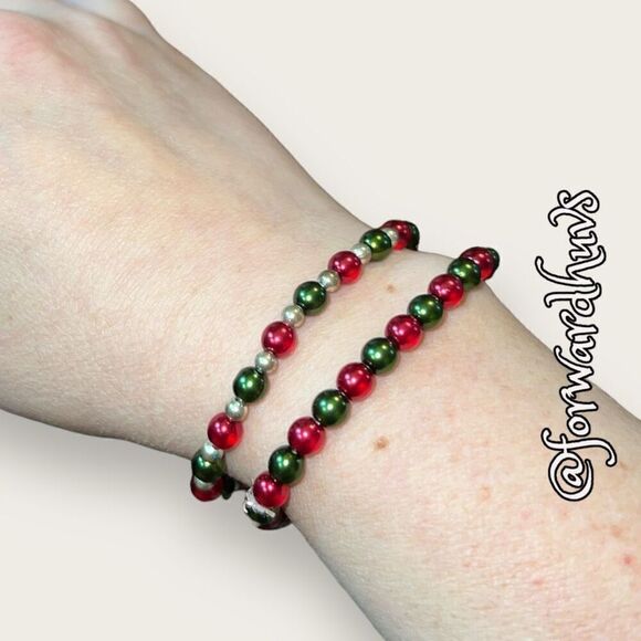 Two Green, Silver and Pink Stretch Bracelets - Picture 1 of 7